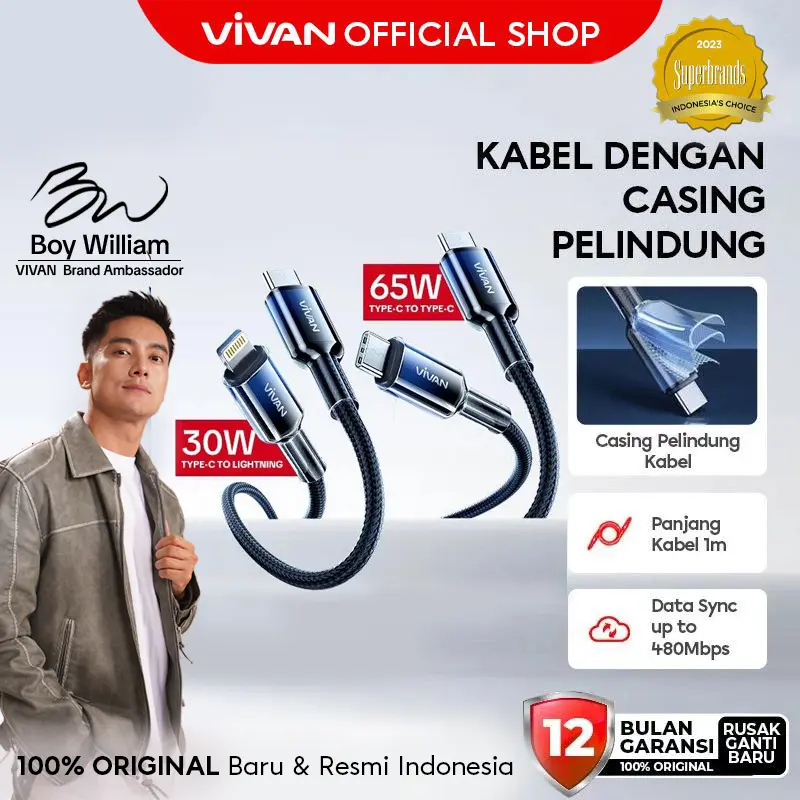 VIVAN Kabel Data Type-C Lightning Fast Charging Braided 100cm Casing Transparan Fast Charging 15W/30W/65W for iPhone/Android/Laptop (VKH Series)