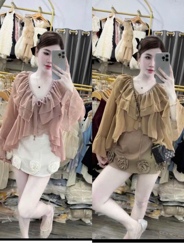 [ Xả kho] Set váy áo tơ viền bèo cổ V mix chân váy thô đính hoa bo chun lưng có khoá  phong cách sang chảnh KAZYDRES_S288