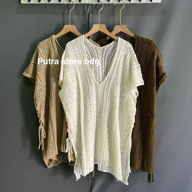 Moona vest jaring motif tali samping rompi rajut wanita outer rajut jaring