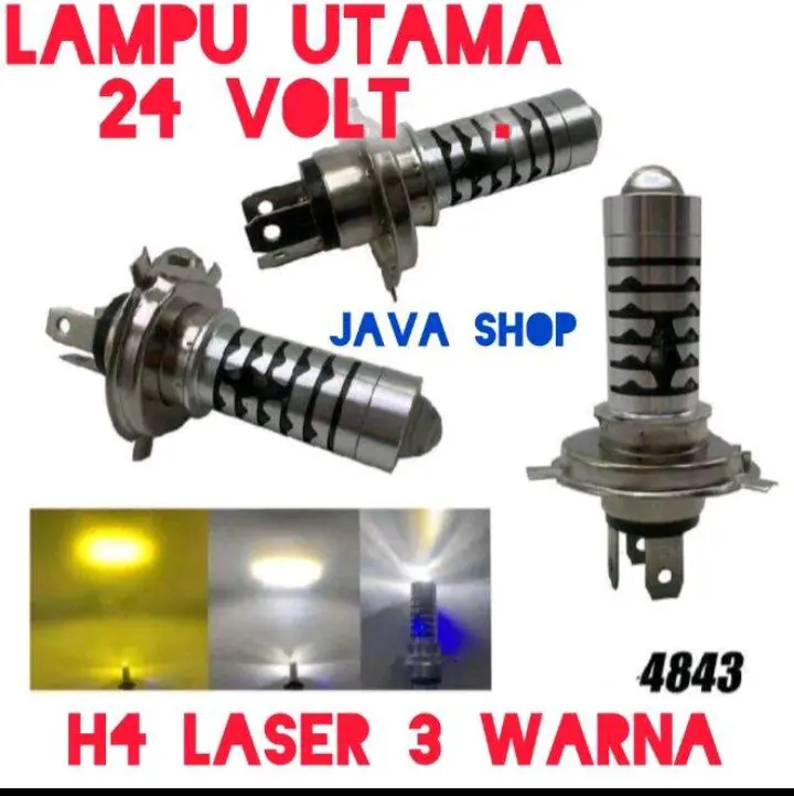 Lampu LED Utama Depan 24 Volt H4 Laser D2 High Low 3 Warna Putih Kuning senja biru  Truk Bus Fuso Canter Tronton PnP BA20D Jauh Dekat Dim Hi Lo Kaki Tiga Truck Bis