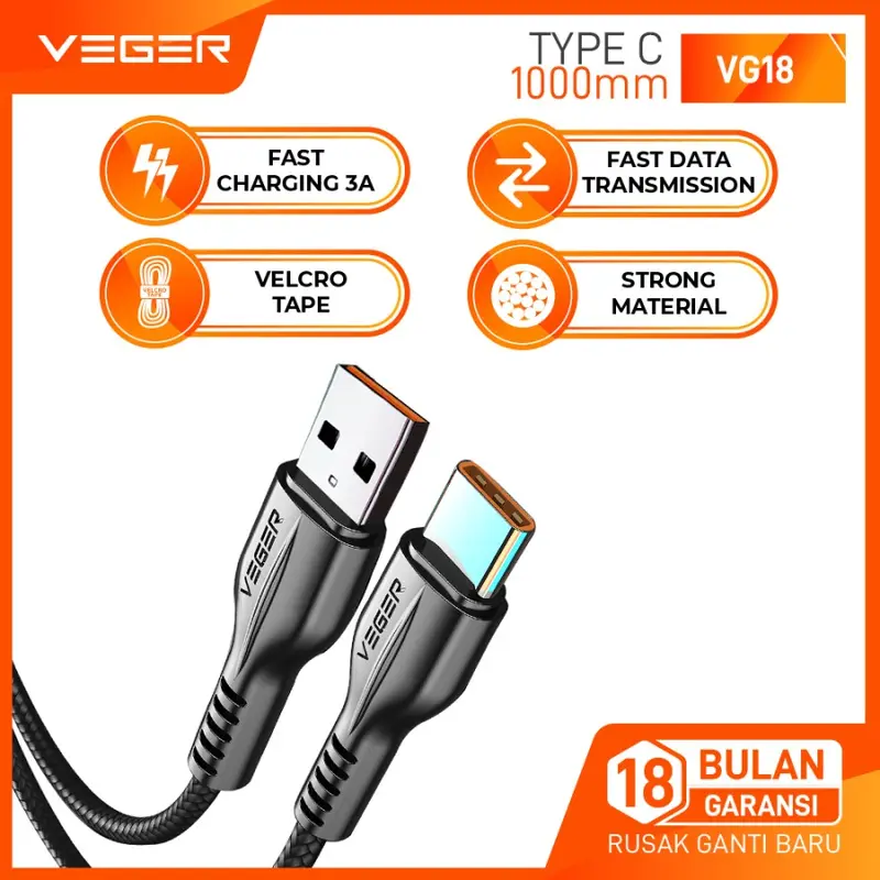 VEGER Kabel Data Cable VG-18 USB MICRO TYPE C LIGHTNING QC 3.0 Fast Charging 100cm Charger 0
