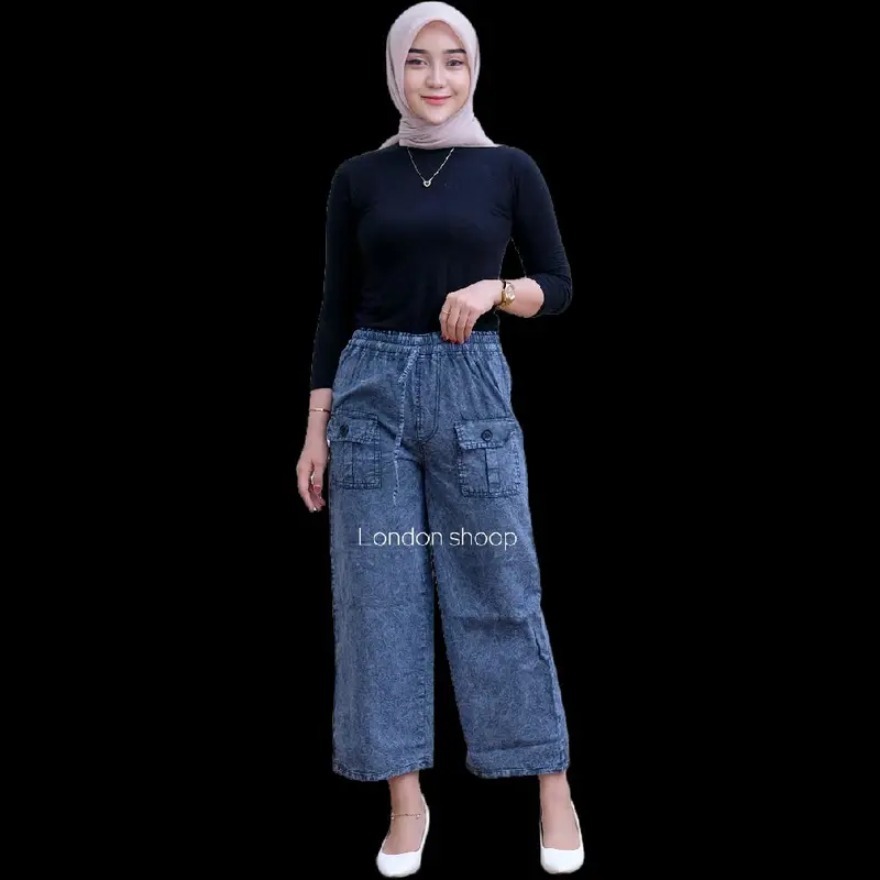 CELANA KULOT WANITA CARGO DEWASA SETANDAR BAHAN SEMI JEANS BB 40-55KG PANJANG 90CM PINGGANG FULL KARET 8
