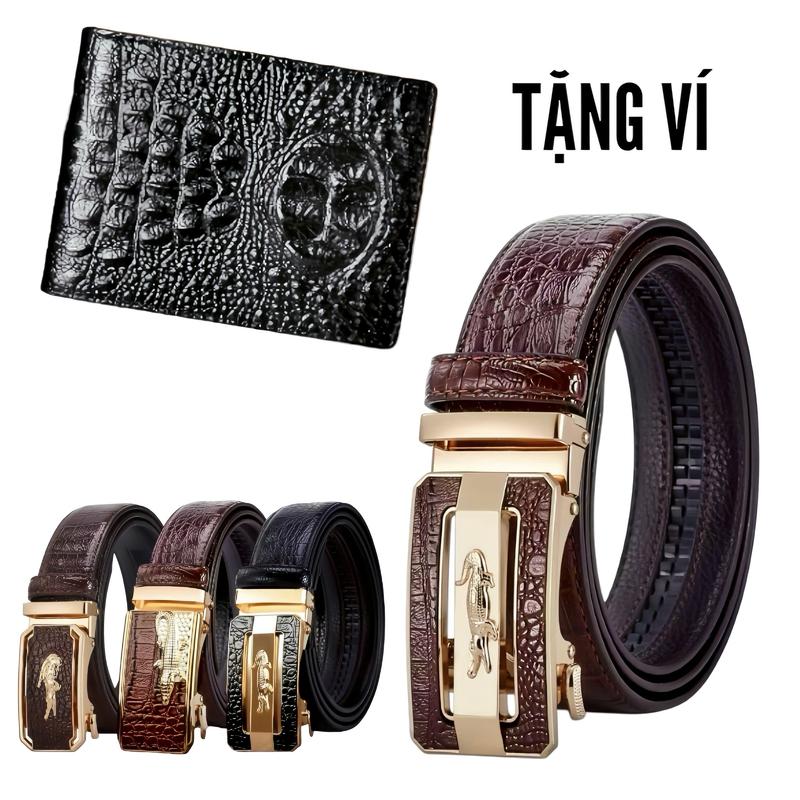 TẶNG VÍ Thắt Lưng Da Khóa Tự Động Vân Da Cá Sấu Cao Cấp Bản TO 3,5Cm- Tặng Ví Có Khóa Kéo NHIỀU MẪU Cho Nam