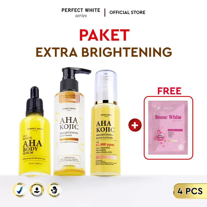 [AFF] [4PCS] PERFECT WHITE AHA Body Serum 50ml + AHA Kojic Brightening Body Lotion 100ml + AHA Kojic Brightening Body Wash + Free 1pcs Sachet Snow White | Paket Perawatan Kulit Mencerahkan Badan Sabun Whitening Pencerah Noda Hitam Tubuh Niacinamide 0