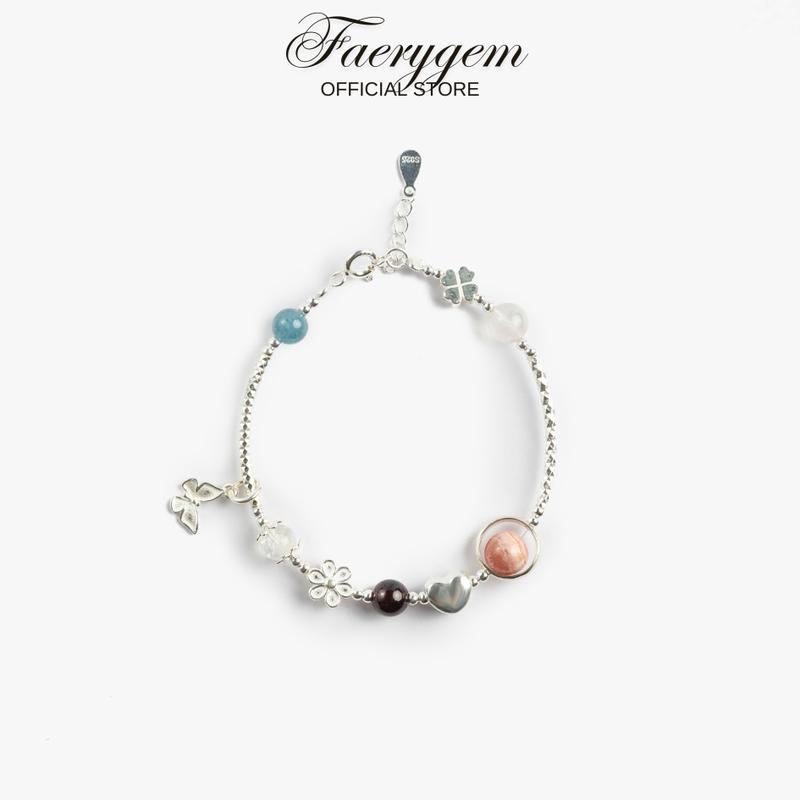 Vòng tay mix 5 loại đá thiết kế đặc biệt Elegant FaeryGem đá đào hoa garnet citrine aquamarine moonstone bạc S925 full giấy kiểm định thiết kế - Vòng phong thuỷ