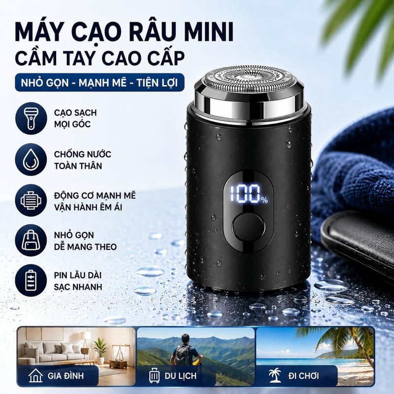 Máy Cạo Râu Mini Sạc Type-C Hiển Thị Phần Trăm Pin, Lưỡi Cạo 15 Cánh Êm Ái, Cạo Sát Nhanh Gọn, Máy Cạo Râu Du Lịch