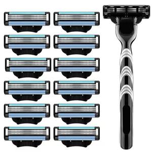 Men's 3-layer Razor Blade, 1 Set Manual Razor Holder & 12 Blades, Universal Manual Razor, Shaving Knife for Men, Men's Care Product, Gift