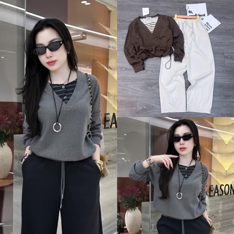  01.  Áo DÂY RÚT LÔNG THỎ- Quần Baggy  Sét áo chất lông thỏ cổ Kẻ V+ quần baggy thô kaki. Đủ size SMLXL 40kg- 70kg 