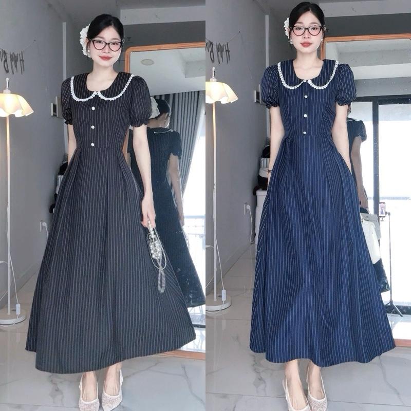 Nary Clothing - Váy Sọc Phối Cổ Sen Viền Ren Thiết Kế Sang Trọng Cho Nữ 