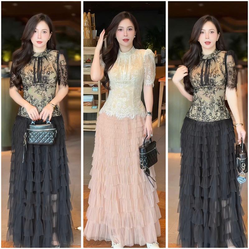 B32 - Set Váy Có Bán Rời Váy Lưới Tầng Dáng Dài Mix Áo Ren - LYNA