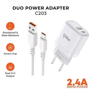 Olike Duo Power Adapter C203 Pengisi Daya Cepat Dual USB Port dengan Smart Protection Type C to C 2.4A Rapid Power