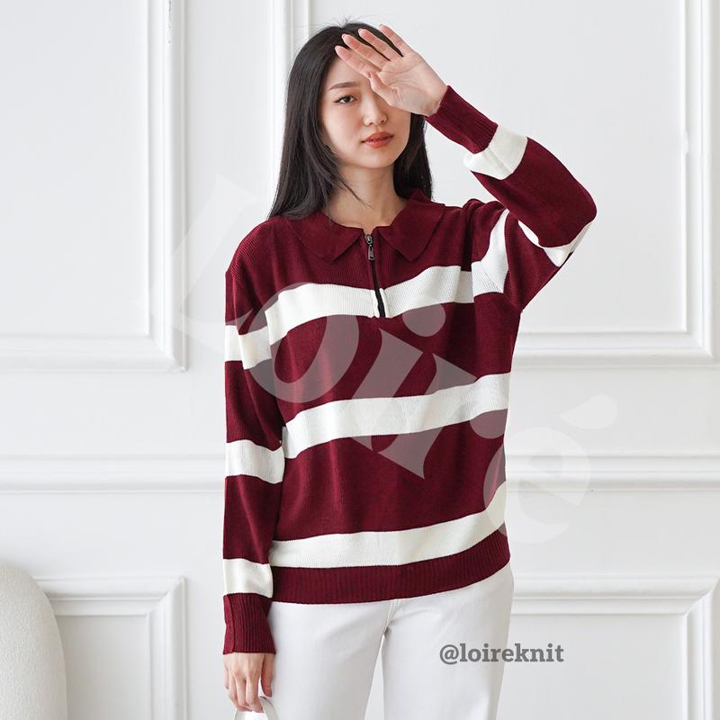 LOIRE YUNA Sweater Stripe Zipper Top Knit Atasan Baju Oversize Knitwear 3