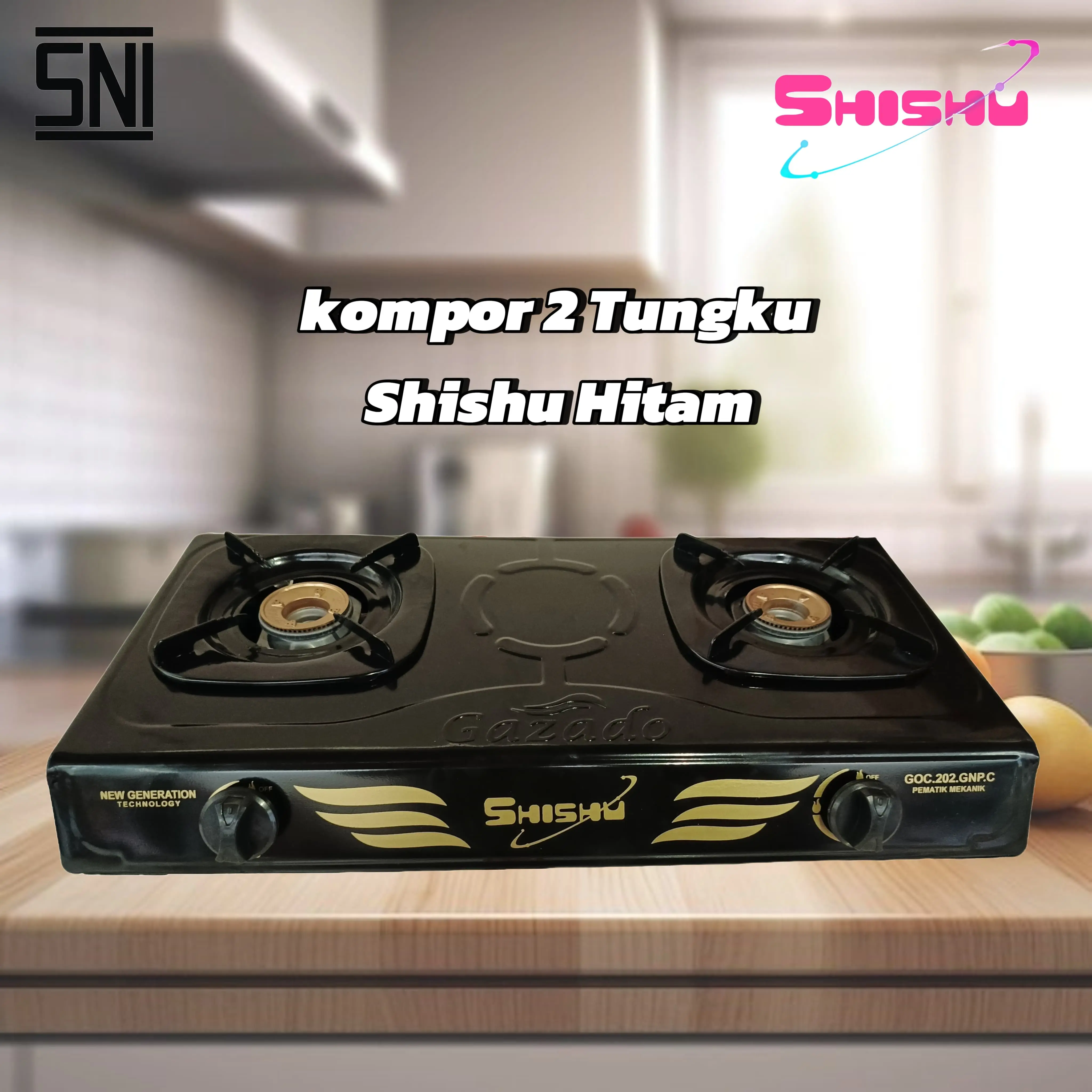 Kompor Gas 2 Tungku SHISHU GZ-207 Full Hitam Anti Karat
