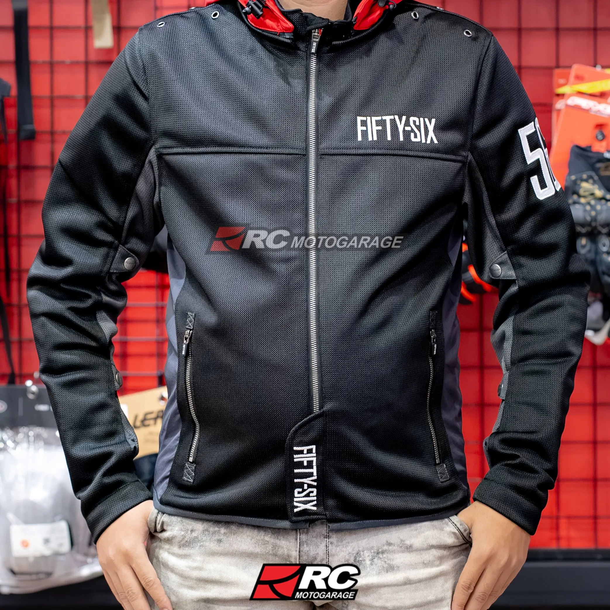 Jaket Motor - 56design Color Hoodie Mesh Jacket Evo Black Red