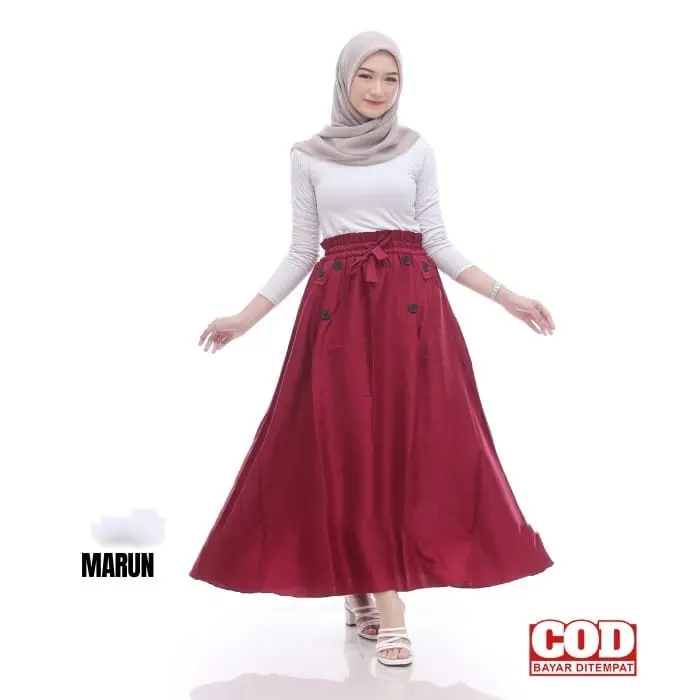 ROK PAYUNG PANJANG JUMBO WANITA REMAJA DEWASA POLOS HITAM ABU NAVY ARMY MILO LAVENDER bahan moscrape grade A hijau kancing Karet Melar Standar High Bawahan Nyaman Variasi 5