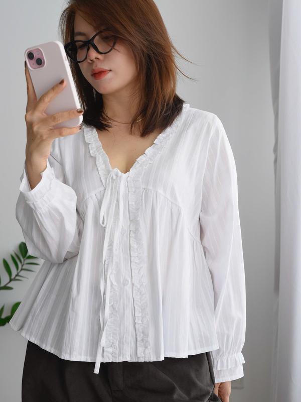   TAY DÀI - CỔ V  Áo babydoll cổ V tay dài phối bèo bigsize 90kg 