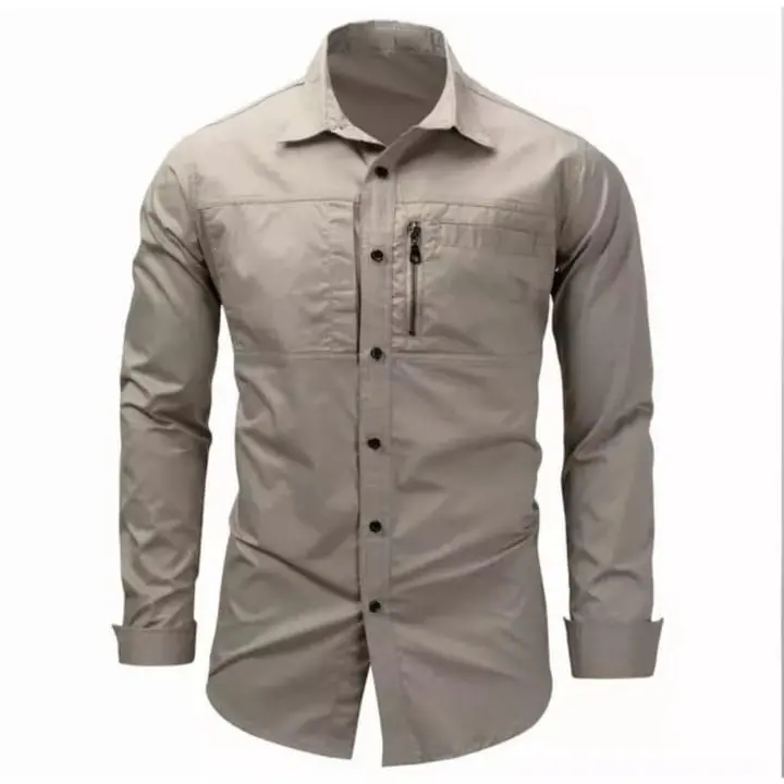 Kemeja zipper lapangan lengan panjang Pria Hitam Formal Casual Katun Lembut Nyaman Kancing kemeja Putih Navy/cod