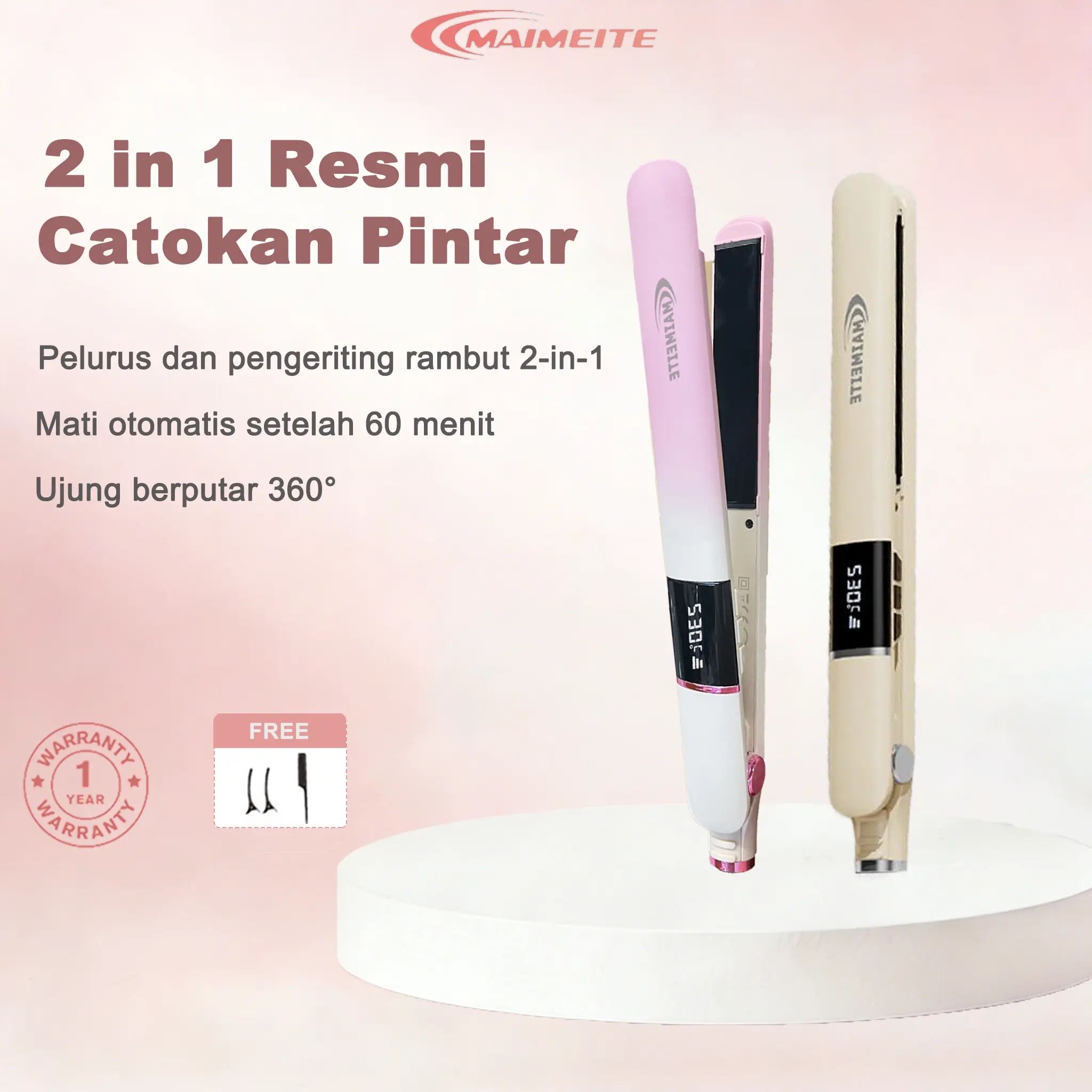 MAIMEITE Catokan Rambut 2 in1 Meluruskan Keriting Pelurus Rambut 360° Curly Sisir