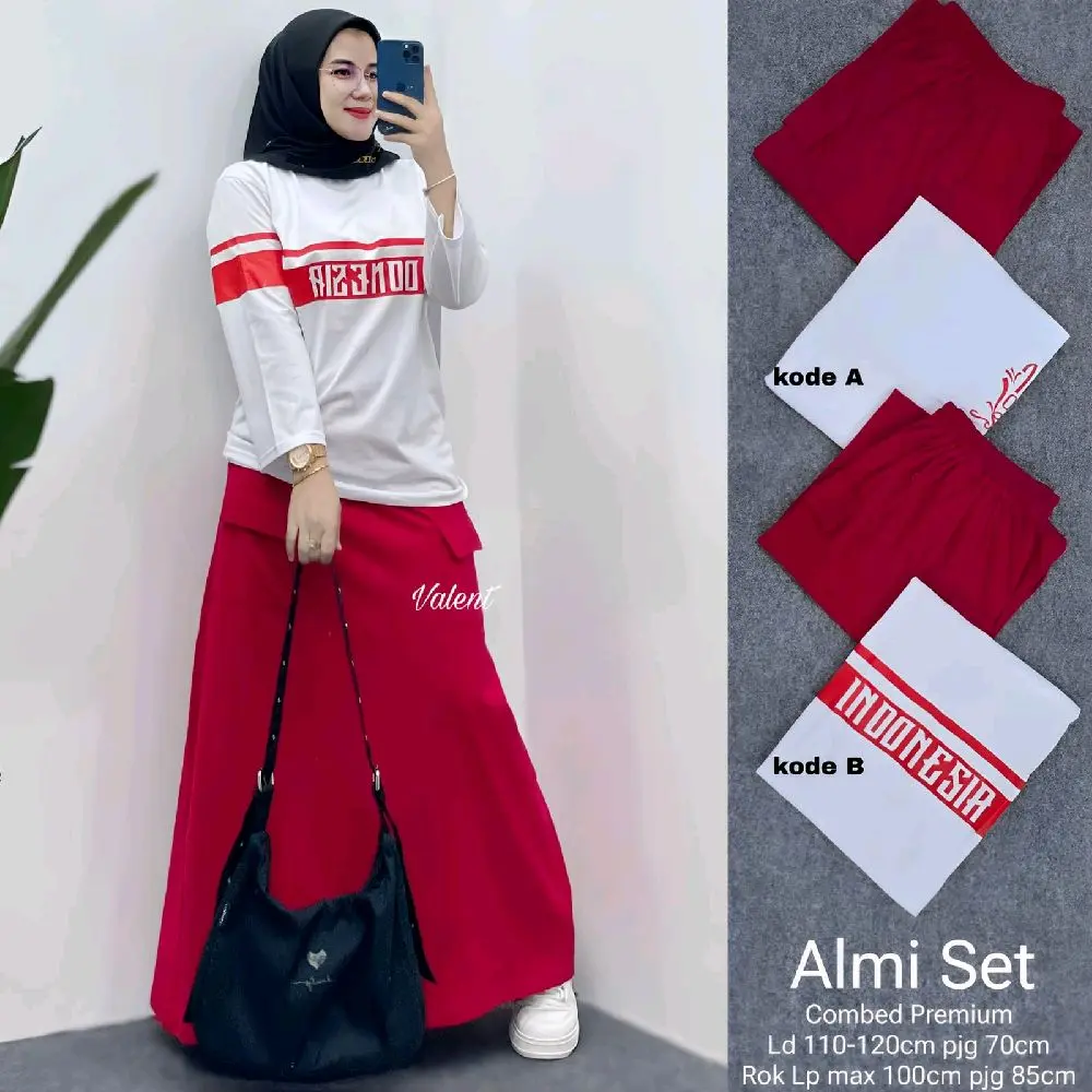 Almi dan M Red Jumbo Almi Setelan Rok Setelan Pakaian Merah Putih Baju Olahraga Muslim Wanita Setelan Rok Dan Baju Panjang Sport Dewasa Baju Merah Putih Baju Kemerdekaan Baju Dirgahayu Baju Senam Baju Agustusan