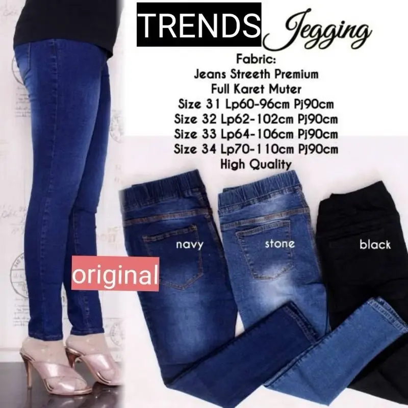 Celana jeans wanita pinggang karet strecht melar jeans jumbo legging pinggang karet wanita Panjang Denim