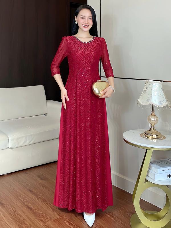 TrầnNgaFreeSize Đầm Áo Dài Chất Ren Lưới H789 Vải Ren Lưới Đính Kim Tuyến 2 Lớp Cho Phụ Nữ 45-75kg FreeSize Dễ Mặc Dễ Làm Quà Dễ Bảo Quản 