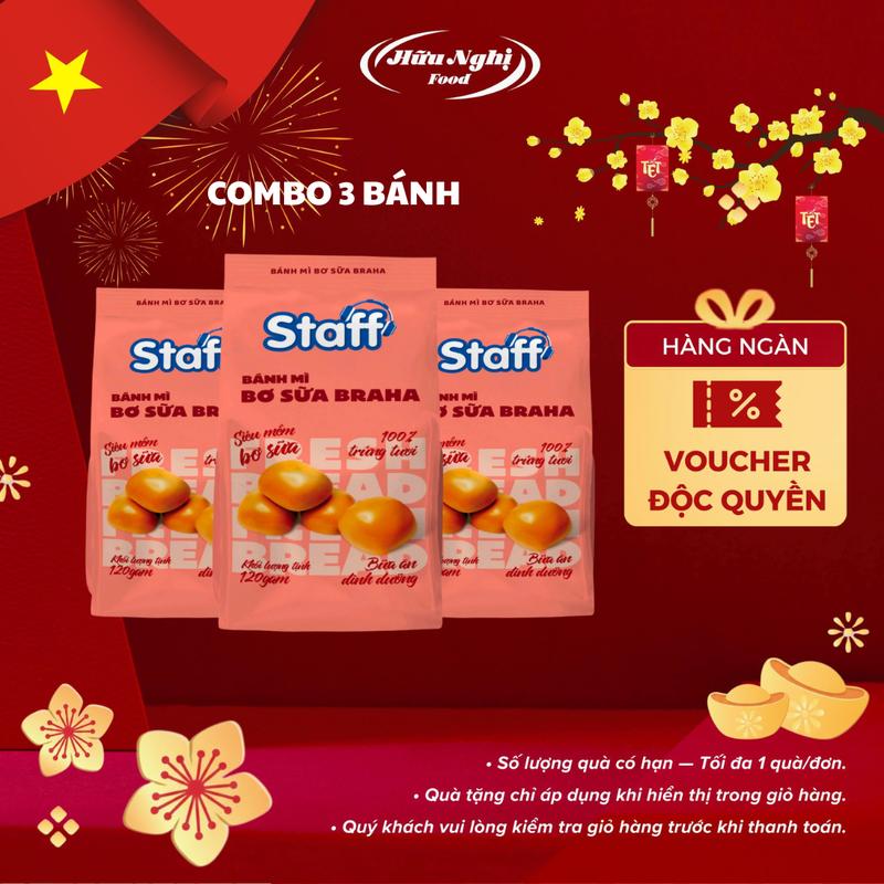   COMBO 3 TÚI  Staff Bánh mì bơ sữa Braha 120g Thơm nhẹ mùi bơ sữa 