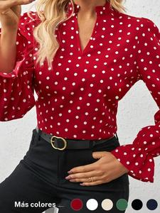 Camisa de cuello alto de mujer con diseño de puerto en V pequeño y decoración de oreja de madera, cuello con lunares rojos, manga de campana, adecuada para otoño e invierno, adecuada para el estilo retro de traslados, estilo de citas y otros estilos