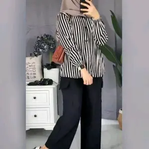 RAMOSA ONE SET SETELAN WANITA CANTIK ONE SET MOTIF SALUR KEMEJA BAHAN KATUN Lembut Remaja Dewasa