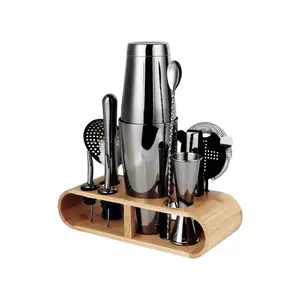Bar Set Premium 11 Pcs with Wooden Rack Black - Bar Set Lengkap dengan Rak Kayu