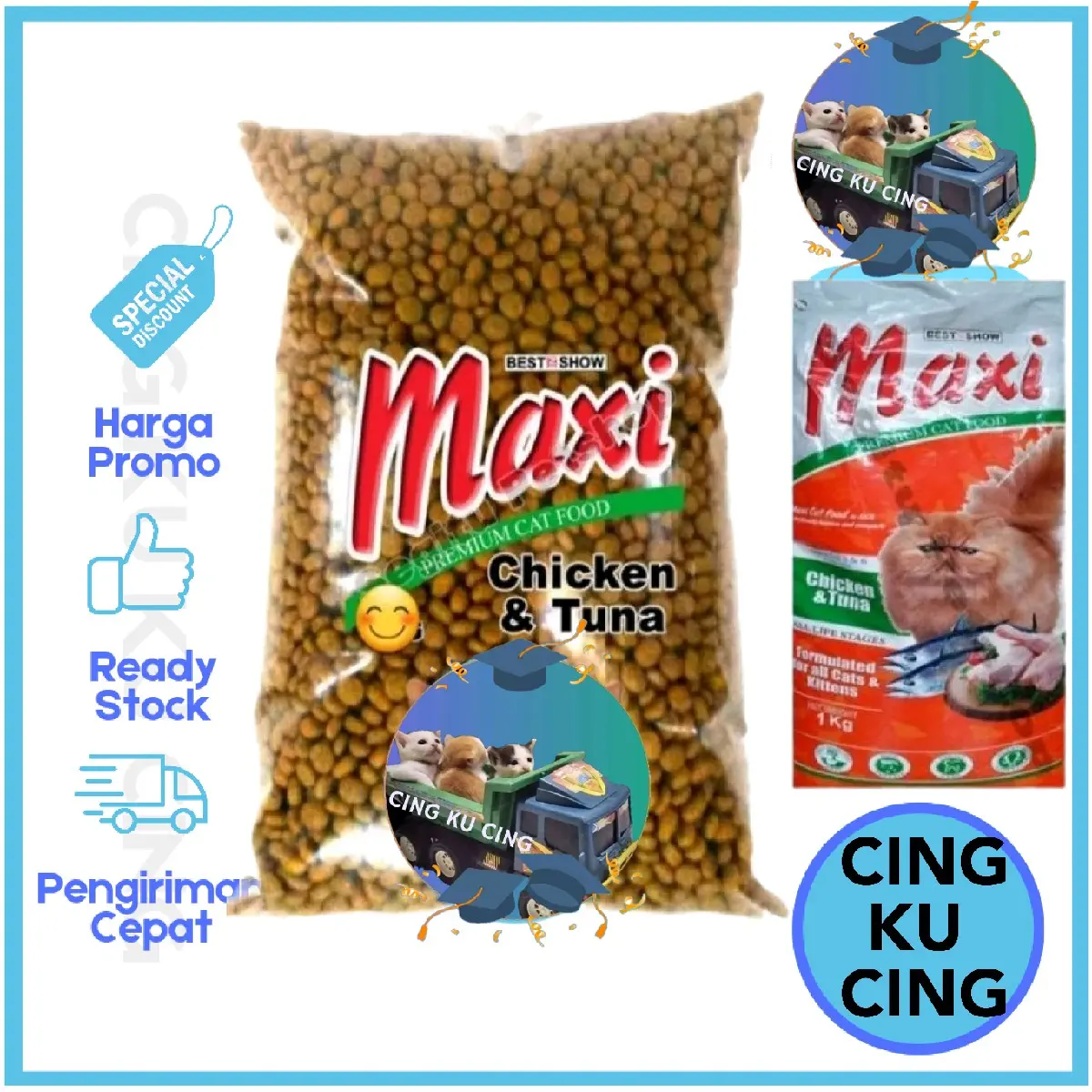 Maxi Cat Food Makanan Kucing Maxi Kitten & Adult Cat Food Chicken and Tuna Repack