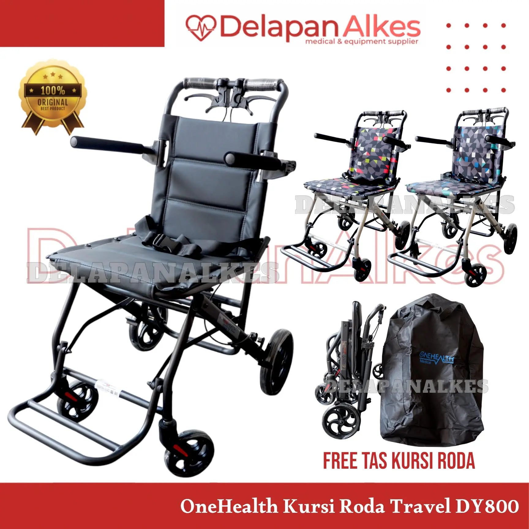 OneHealth Kursi Roda Travel DY 800 Dengan Handle Tarik Koper Aluminium Tas Cabin Size Pesawat Umroh
