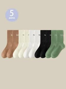 Paquete de 5 pares de calcetines casuales para hombre con bordado de letras, cómodos y transpirables para uso diario y al aire libre, calcetines de punto para todas las estaciones