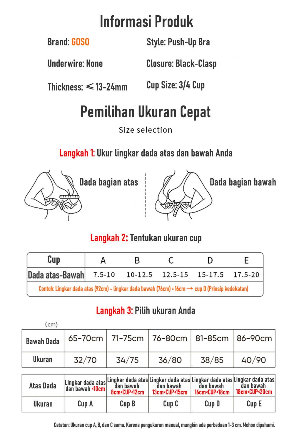 GOSO Bra Push Up Wanita  Premium Bh 3/4 Cup Brassiere Support Lembut Tanpa Kawat Tipis Busa Lembut & Nyaman