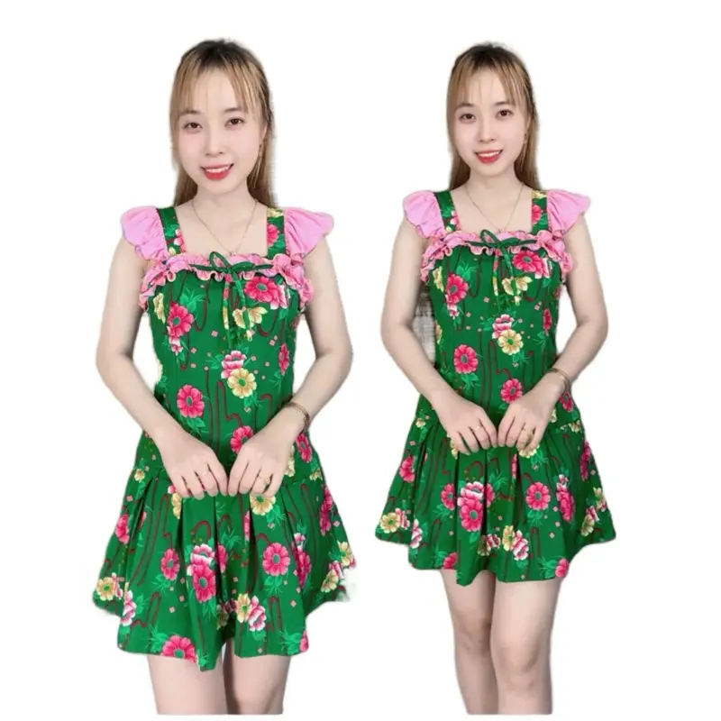 Bộ ĐÙI VÁY nữ có quần phía bên tròn kèm hai túi, CỔ VUÔNG BÈO NGANG, thun aty mặc mát 38kg đến 76kg (D8M4Y25)