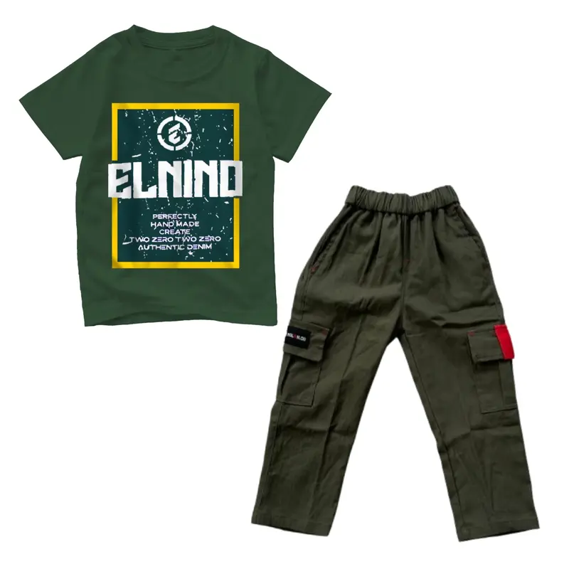 1 Set Pakaian Anak Cowok Kaos Distro Celana Cargo Panjang Bahan Katun Usia 3,5-12 Tahun 2
