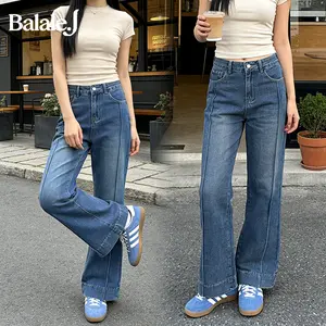 Balale Highwaist Cutbray Denim Jeans Retro Wanita No Stretch Celana Panjang Cutbray Flare Baggy Jeans 210