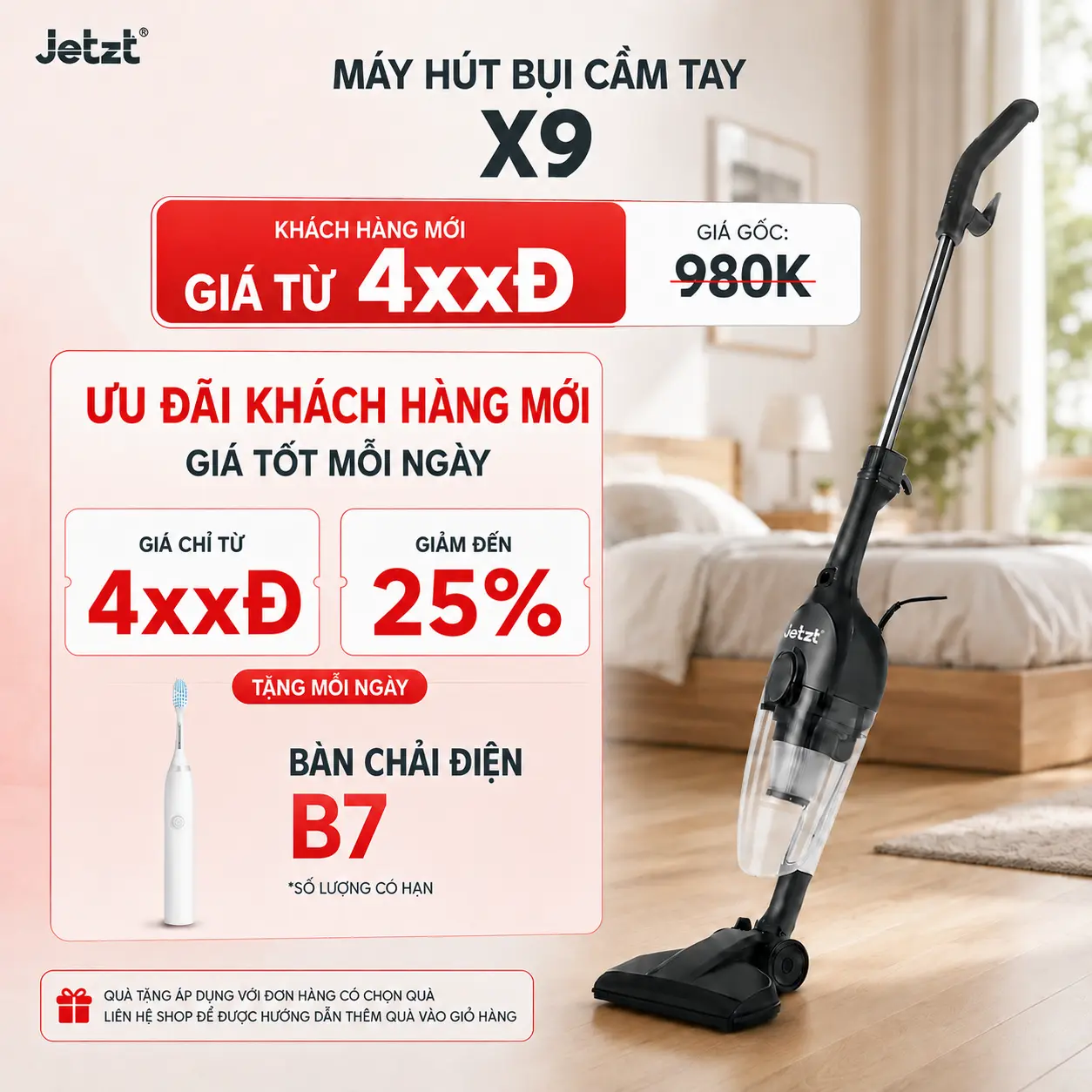 [LIVESTREAM] Máy Hút Bụi Cầm Tay Jetzt X9 NEW 19000PA! Hệ Thống Khép Kín HEPA 0.25µm Lọc Sạch 99% Bụi Mịn Lông Thú Cưng, Tránh Ô Nhiễm Thứ Cấp Bảo Vệ Mẹ Bé. Động Cơ 1000W, Nhẹ 1.8kg Kèm Đầu Hút Đa Năng Làm Sạch Sàn Sofa, BH 1 Năm
