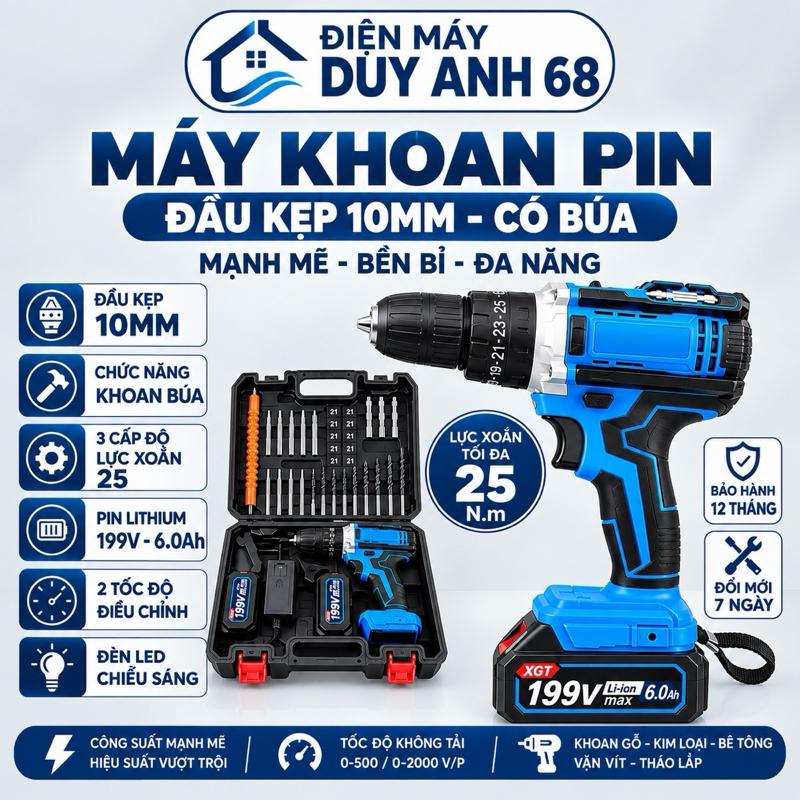 Bộ Máy Khoan 10MN Pin 3 Chức Năng Có Búa - Khoan Sắt, Bắn Vít, Khoan Gỗ - Tặng
