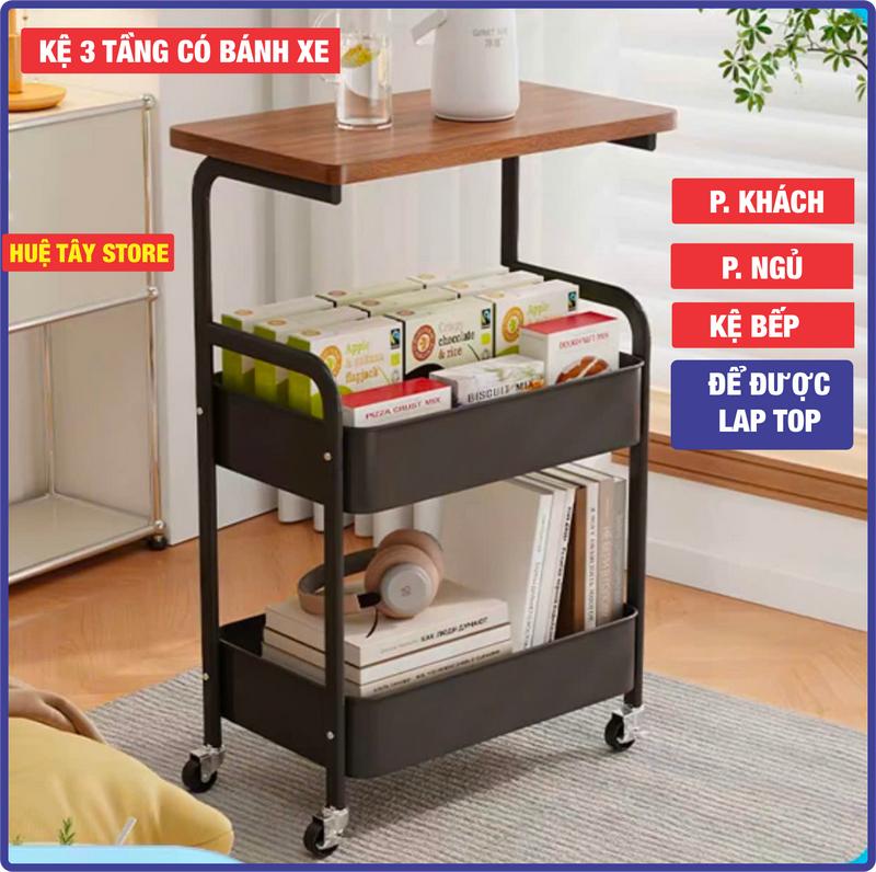 KỆ 3 TẦNG CÓ BÁNH XE Chắc chắn bằng kim loại mặt bàn gỗ MDF- decor phòng khách phòng ngủ phòng bếp kệ bánh xe khóa được A1