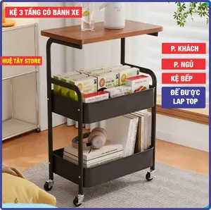 KỆ 3 TẦNG CÓ BÁNH XE (Chắc chắn) bằng kim loại , mặt bàn gỗ MDF- decor phòng khách, phòng ngủ, phòng bếp, kệ bánh xe khóa được A1