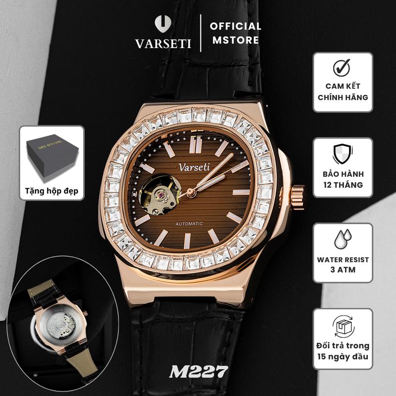   Deal Xả Kho Độc Quyền ĐÌNH TRƯỞNG  M227 - Đồng hồ Cơ Varseti Automatic nam dây da đen – Mặt nâu chocolate vân kẻ sang trọng lộ tim Open Heart 9h viền đá baguette nổi bật – Vỏ vàng hồng lưng lộ máy chống nước 3ATM 