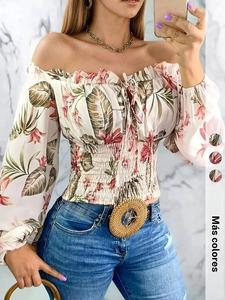 Blusa elegante para mujer con estampado floral, hombros descubiertos y mangas largas, estilo vacacional, ajuste entallado, ropa casual de moda para mujeres
