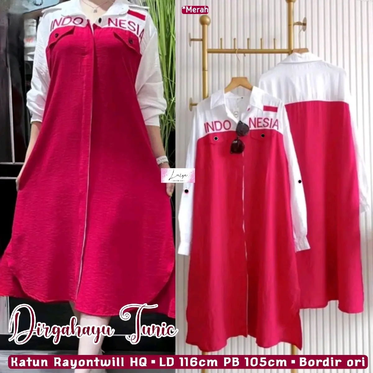 TERBARU TUNIK WANITA AGUSTUSAN MERAH PUTIH BAHAN KATUN RAYON TWILL LD 106 BORDIR ORI FULL KANCING AKTIF GOOD QUALITY Muslim Atasan