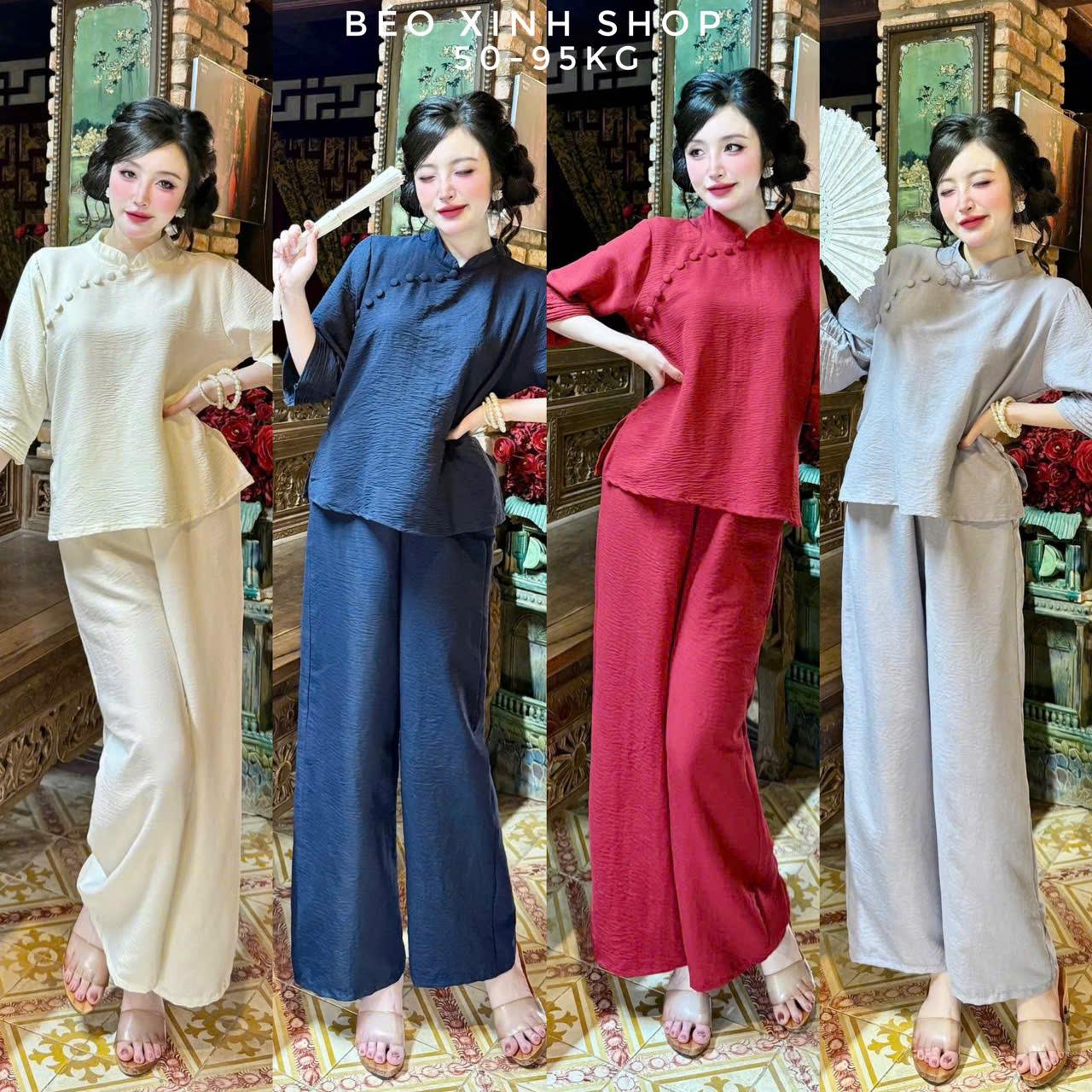 Set Đồ Lam Bigsize Nữ Pháp Phục Đi Lễ Chùa Áo Tay Lửng Cổ Tàu Nút Bọc Kèm Quần Đũi Cao Cấp Xinh Đẹp Thanh Lịch Bigsize 50-95kg –  A.1652