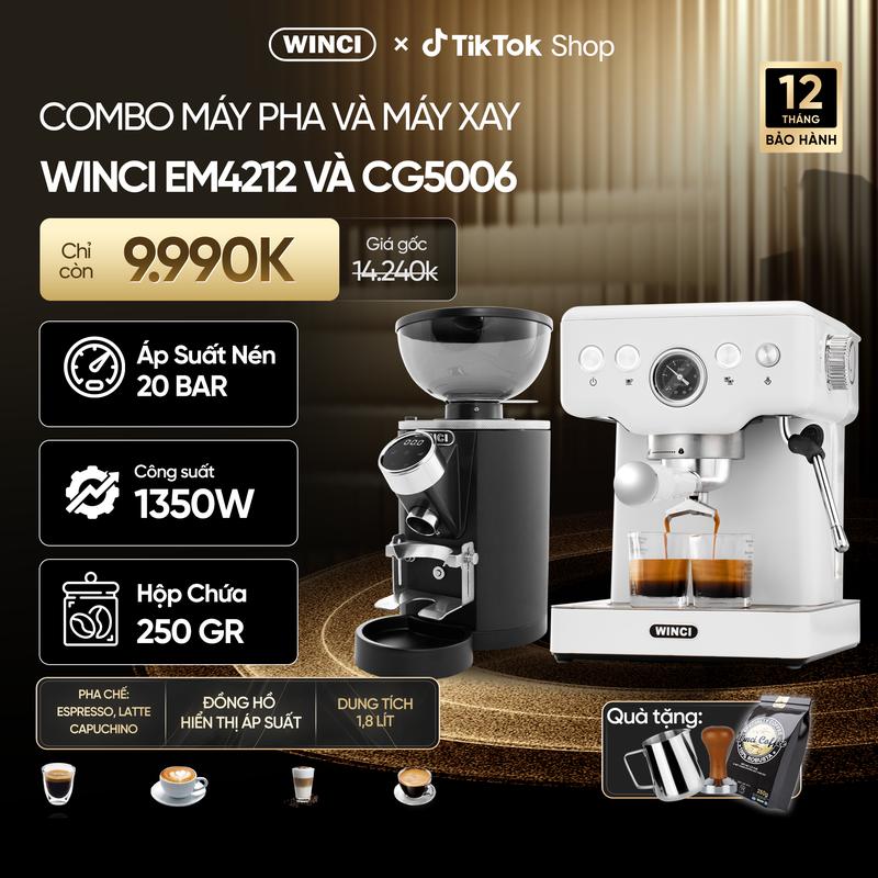 COMBO WINCI Máy Pha Cà Phê Espresso Winci EM4212 Và Máy Xay Cà Phê CG5006 Tay cầm 58 MM Pha Cafe Tự Động Công Suất 1450w Áp Suất 20Bar tặng 1 gói cafe 1 Tamper 58 mm Máy Xay Cà Phê Xay Cà Phê combo máy
