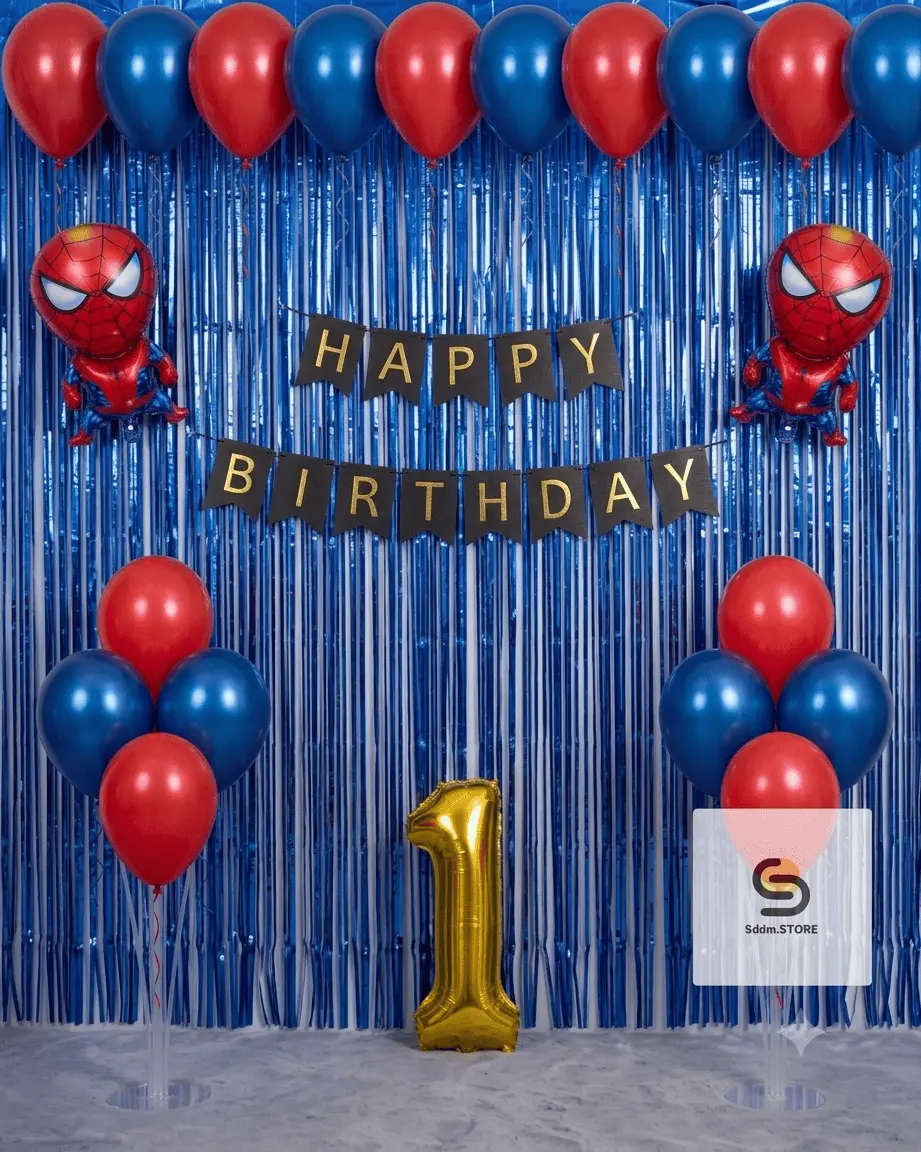 Dekorasi Ulang Tahun Anak Tema Spiderman dengan Balon Biru Silver Hitam Putih Merah