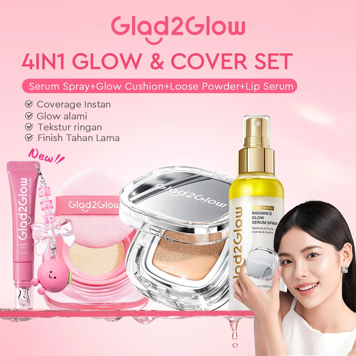 [New Lip Shade]Glad2Glow 4in1 Glow & Cover Set-Perfect Glow Cover Cushion+Perfect Blur Loose Powder - Cushion Foundation High Coverage Ringan Glowing Natural Tahan Lama Anti Oksidasi & Bedak Tabur Matte Oil Control Menyamarkan  Flawless Makeup