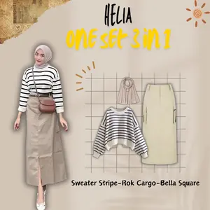 One Set Heila Remaja Korean Style (Sweater Stripe, Rok Cargo Dan Hijab Bella Square) Inspo OOTD Buat Kuliah -BZ49