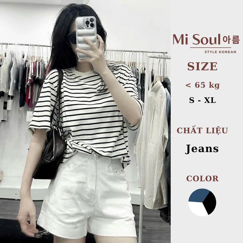 Quần Short Jeans Trơn Nữ Gấu Bản To MiSoul Lưng Cao Hack Dáng BigSize, Quần Đùi Bò Denim Cạp Cao Ống Rộng 469