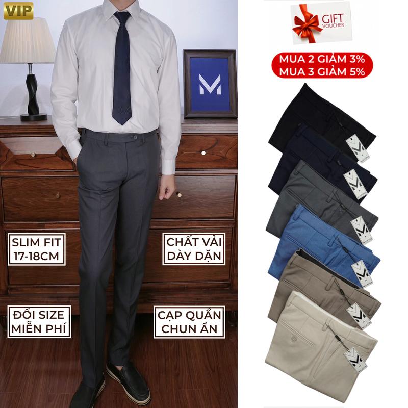 Quần Âu Slimfit Vải Dày Đai Chun Ẩn MANVIS Ống 17-18.5cm Quần Âu Nam Cao Cấp VNXK Quần Âu Cạp Chun Ẩn